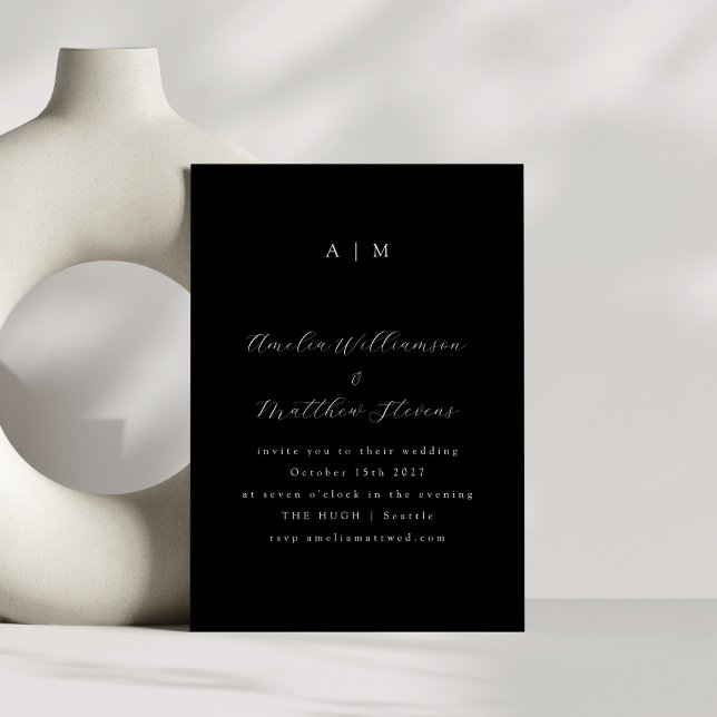 Classic Monogram Formal Black Script Wedding Invitation (Creator Uploaded)