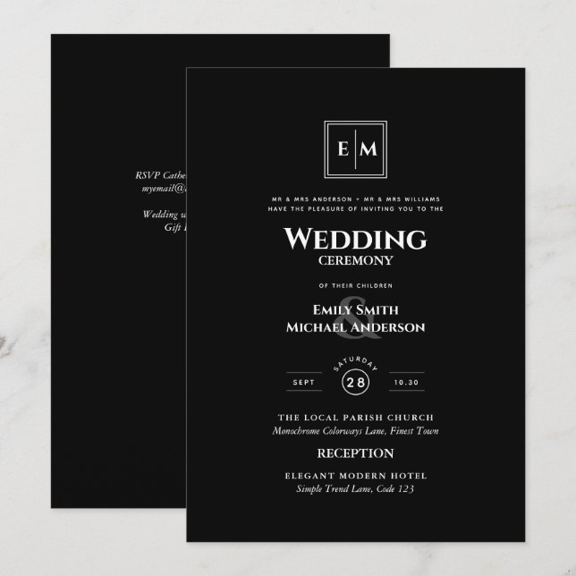 Classic Monogram Formal Wedding Black All in 1  Invitation (Front/Back)
