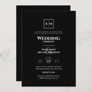 Classic Monogram Formal Wedding Black All in 1 Invitation