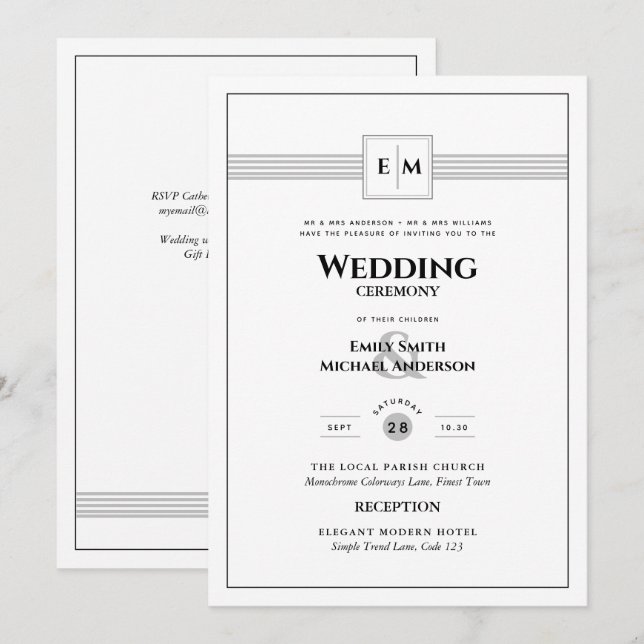 Classic Monogram Formal Wedding White All in 1 Inv Invitation (Front/Back)
