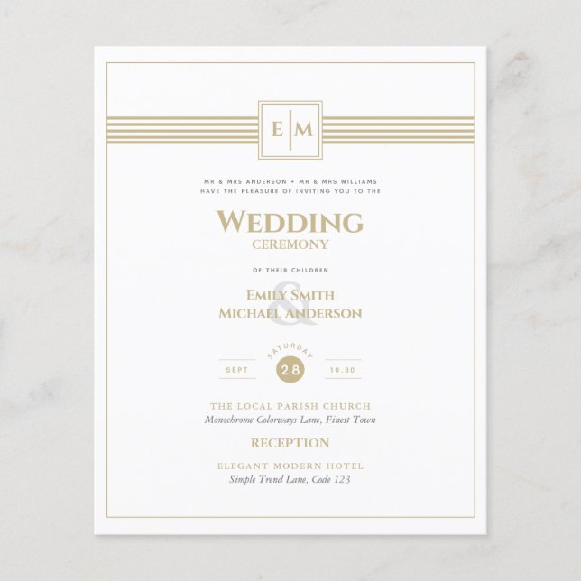 Classic Monogram Formal Wedding White Gold Invite Flyer (Front)
