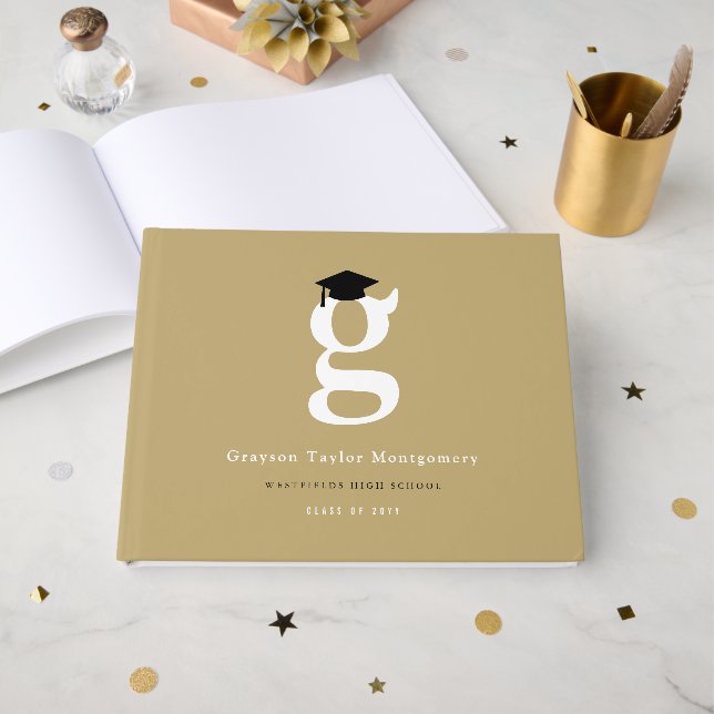 Classic Monogram G And Graduation Cap Grad Party Guest Book (Front Open)