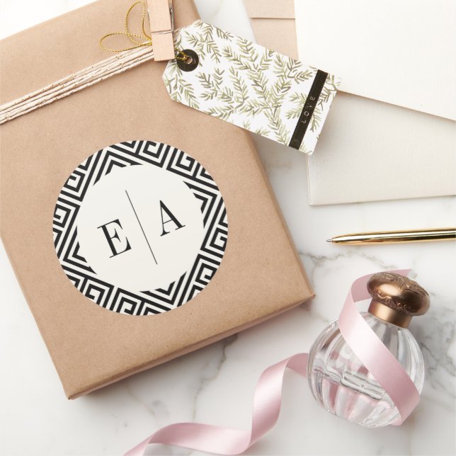 Classic Monogram Geometric Greek Key Chic Wedding Classic Round Sticker (Gifting)