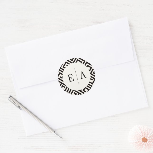 Classic Monogram Geometric Greek Key Chic Wedding Round Sticker (Envelope)
