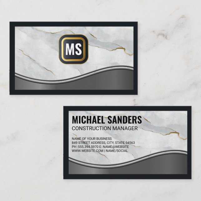 Classic Monogram | Gold White Marble | Metallic Business Card (Front/Back)
