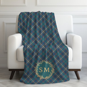 Classic Monogram Gold Wreath Green Tartan Plaid Fleece Blanket