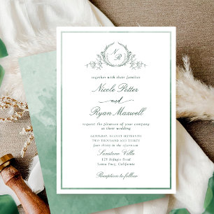 Classic Monogram Green Watercolor Wedding Invitation