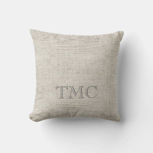 Classic Monogram INITIALS Neutral Linen Fabric  Throw Pillow