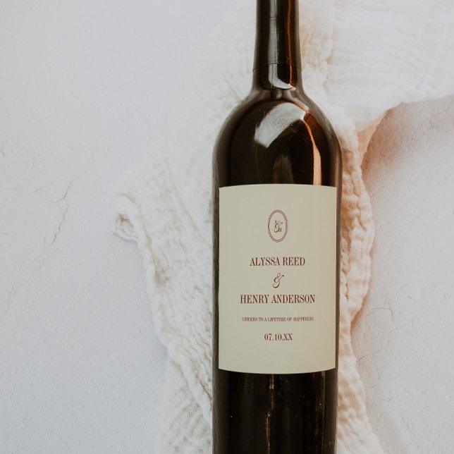 Classic Monogram Ivory & Red "Cheers" Wedding Wine Label (Creator Uploaded)