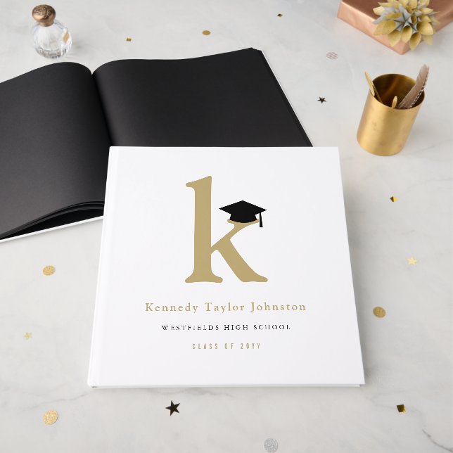 Classic Monogram K And Graduation Cap Grad Party Guest Book (Front Open)
