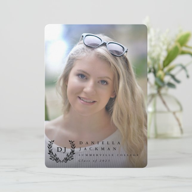 Classic Monogram/Laurel Wreath 2 Photo Graduation Announcement (Standing Front)