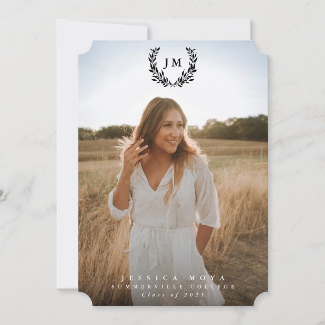 Classic Monogram/Laurel Wreath 2 Photo Graduation Announcement (Front)