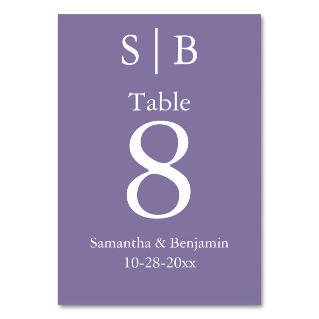 Classic Monogram Lavender Wedding Table Number (Front)