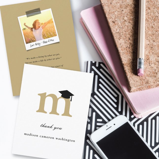 Classic Monogram Letter M Modern Graduation Cap Thank You Card (Creator Uploaded)