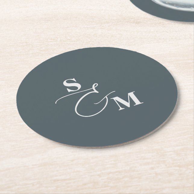 Classic Monogram Modern Script Wedding Round Paper Coaster (Angled)