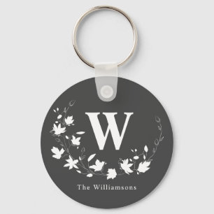 Classic Monogram Name Black White Floral Wreath  Keychain