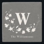 Classic Monogram Name Black White Floral Wreath    Stone Coaster<br><div class="desc">Personalized Classic Monogram Name Black White Floral Wreath Stone Coaster</div>