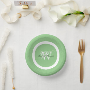 Classic Monogram Name Elegant Chic Soft Mint Green Paper Plate