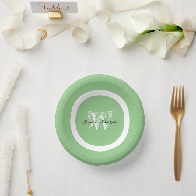 Classic Monogram Name Elegant Chic Soft Mint Green Paper Plate (Wedding)