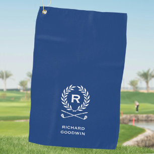 Classic Monogram Name Laurel Wreath Navy Blue Golf Towel