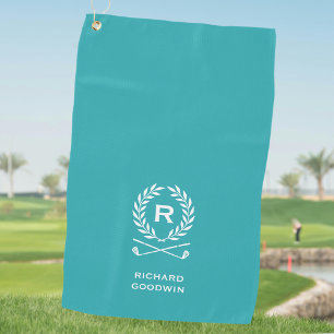 Classic Monogram Name Laurel Wreath Turquoise Golf Towel