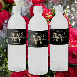 Classic Monogram Name Script B&W&G Chic Wedding Water Bottle Label