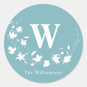 Classic Monogram Name Teal Floral Wreath Custom Round Sticker