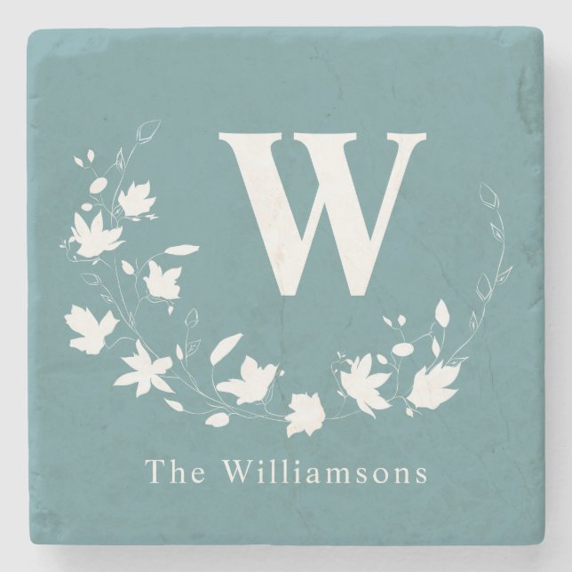 Classic Monogram Name Teal Floral Wreath Custom Stone Coaster (Front)