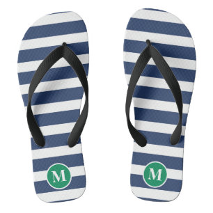 Classic Monogram Navy Blue and Green Stripes Flip Flops