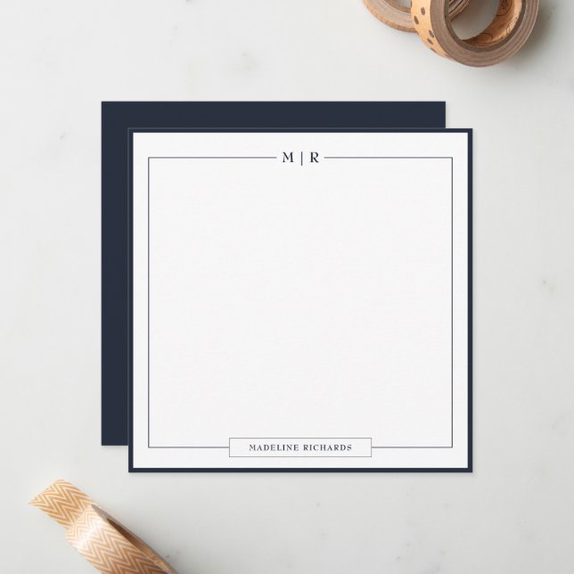 Classic Monogram Navy Blue Border Stationery Card (Front/Back In Situ)
