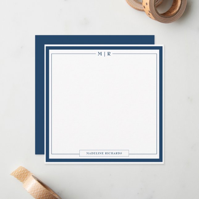 Classic Monogram Navy Blue Border Stationery Card (Front/Back In Situ)
