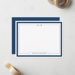 Classic Monogram Navy Blue Border Stationery Card