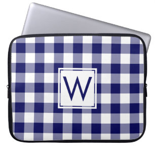 Classic Monogram Navy Blue Gingham Plaid Pattern Laptop Sleeve