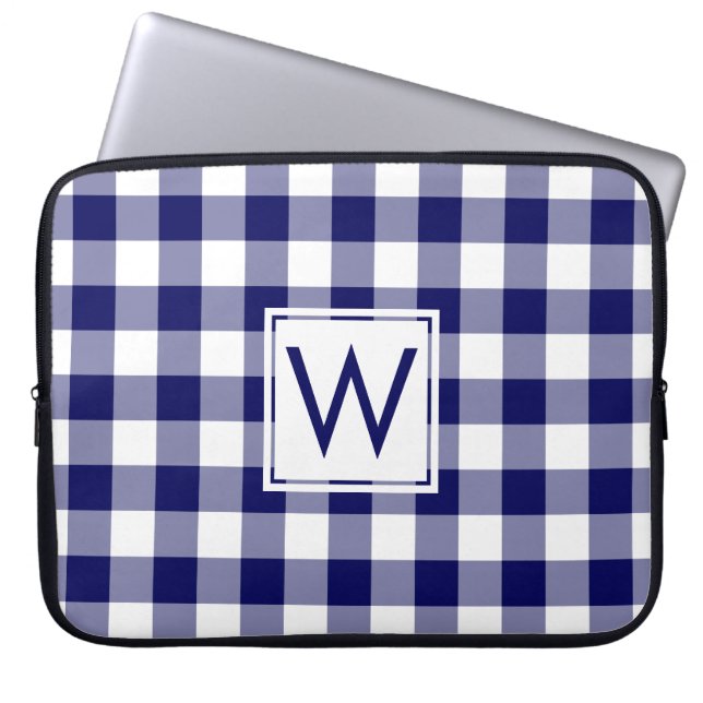 Classic Monogram Navy Blue Gingham Plaid Pattern Laptop Sleeve (Front)