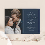 Classic Monogram Navy Blue Wedding Photo Save The Date<br><div class="desc">This Classic Monogram Photo Wedding Save the Date Card features elegant type and a simple border with a vertical photo. All elements are editable,  font,  photo and background color. Click the Edit button to customize this design.</div>