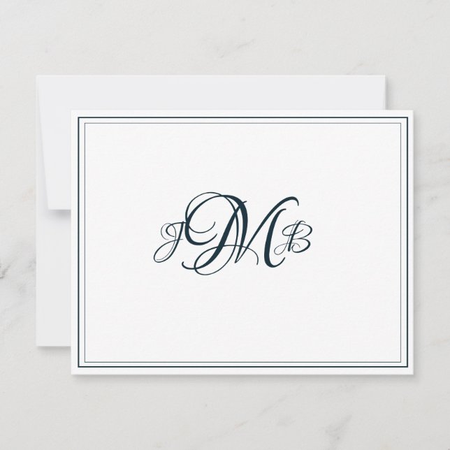 Classic Monogram Navy & White Flourish Script  Thank You Card (Front)