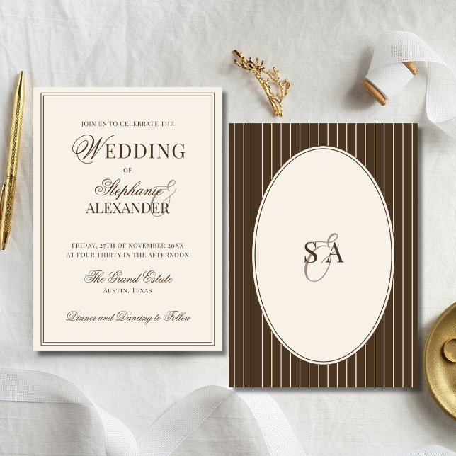 Classic Monogram Old Money Brown & Ivory Wedding Invitation (Creator Uploaded)