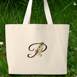 Classic monogram P red white flower mother gift Large Tote Bag