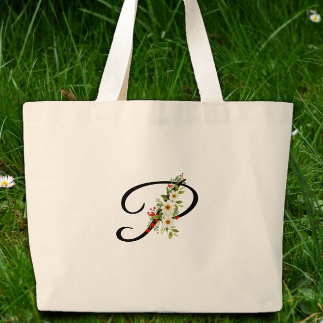 Classic monogram P red white flower mother gift  Large Tote Bag (Creator Uploaded)