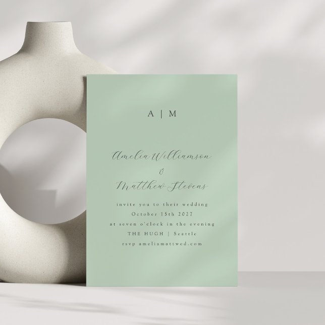 Classic Monogram Pistachio Mint Script Wedding Invitation (Creator Uploaded)