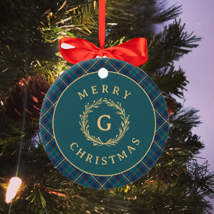 Classic Monogram Plaid Dark Green Christmas Photo Ceramic Ornament