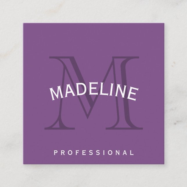 Classic Monogram Purple with Arc Text Square Business Card (Front)