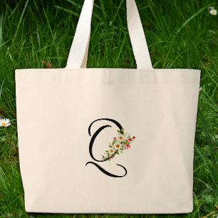Classic monogram Q red white flower mother gift Large Tote Bag