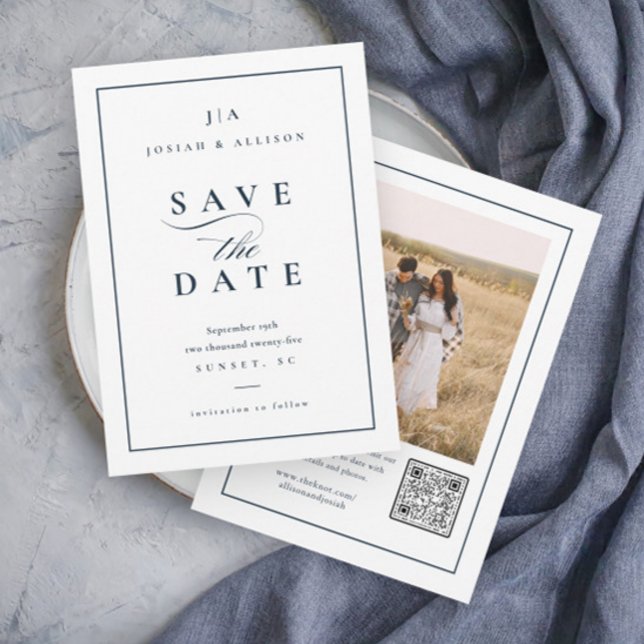 Classic Monogram QR Code Photo Wedding Save The Date (Elegant Navy Blue Wedding Monogram Photo Save the Date Card with QR Code.)