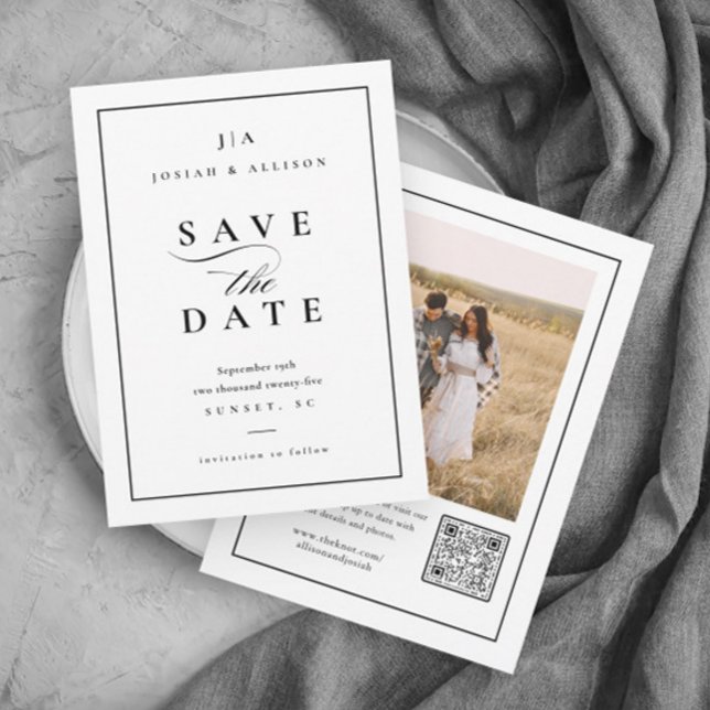 Classic Monogram QR Code Photo Wedding Save The Date (Elegant Black and White Wedding Monogram Photo Save the Date with QR Code.)