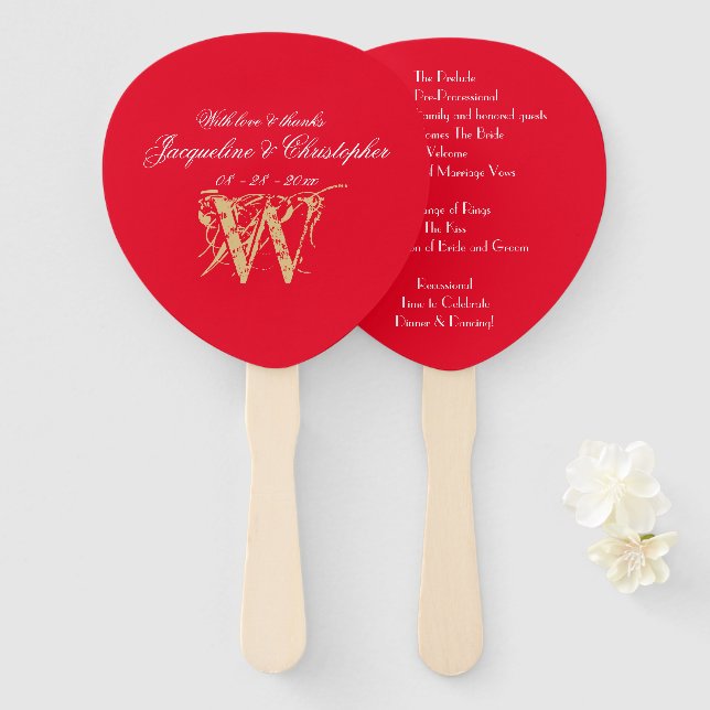 Classic Monogram Red & Gold Chic Wedding Program Hand Fan (Front and Back)