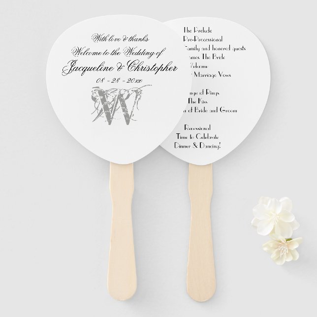  Classic Monogram Romantic White Wedding Program  Hand Fan (Front and Back)