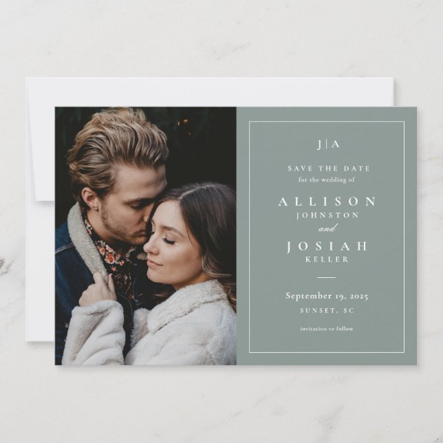 Classic Monogram Sage Green Wedding Photo Save The Date (Front)