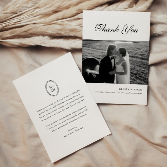 Classic Monogram Script Black White Wedding Photo Thank You Card (Creator Uploaded)