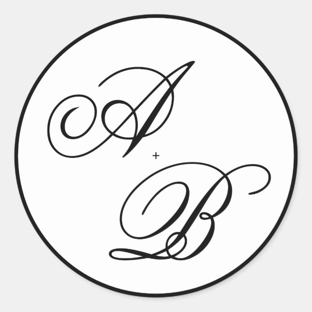 Classic Monogram Script Black & White Wedding Round Sticker (Front)